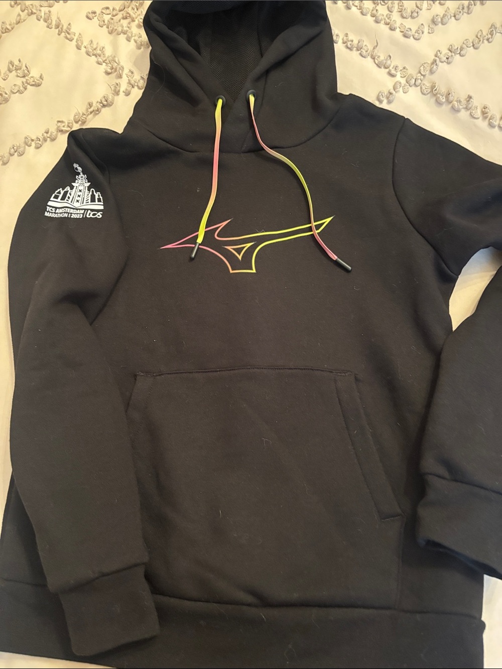 Mizuno Black Crewneck Hoodie with Pink-to-Yellow Gradient Logo